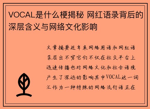 VOCAL是什么梗揭秘 网红语录背后的深层含义与网络文化影响