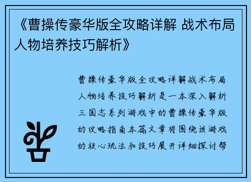 《曹操传豪华版全攻略详解 战术布局人物培养技巧解析》
